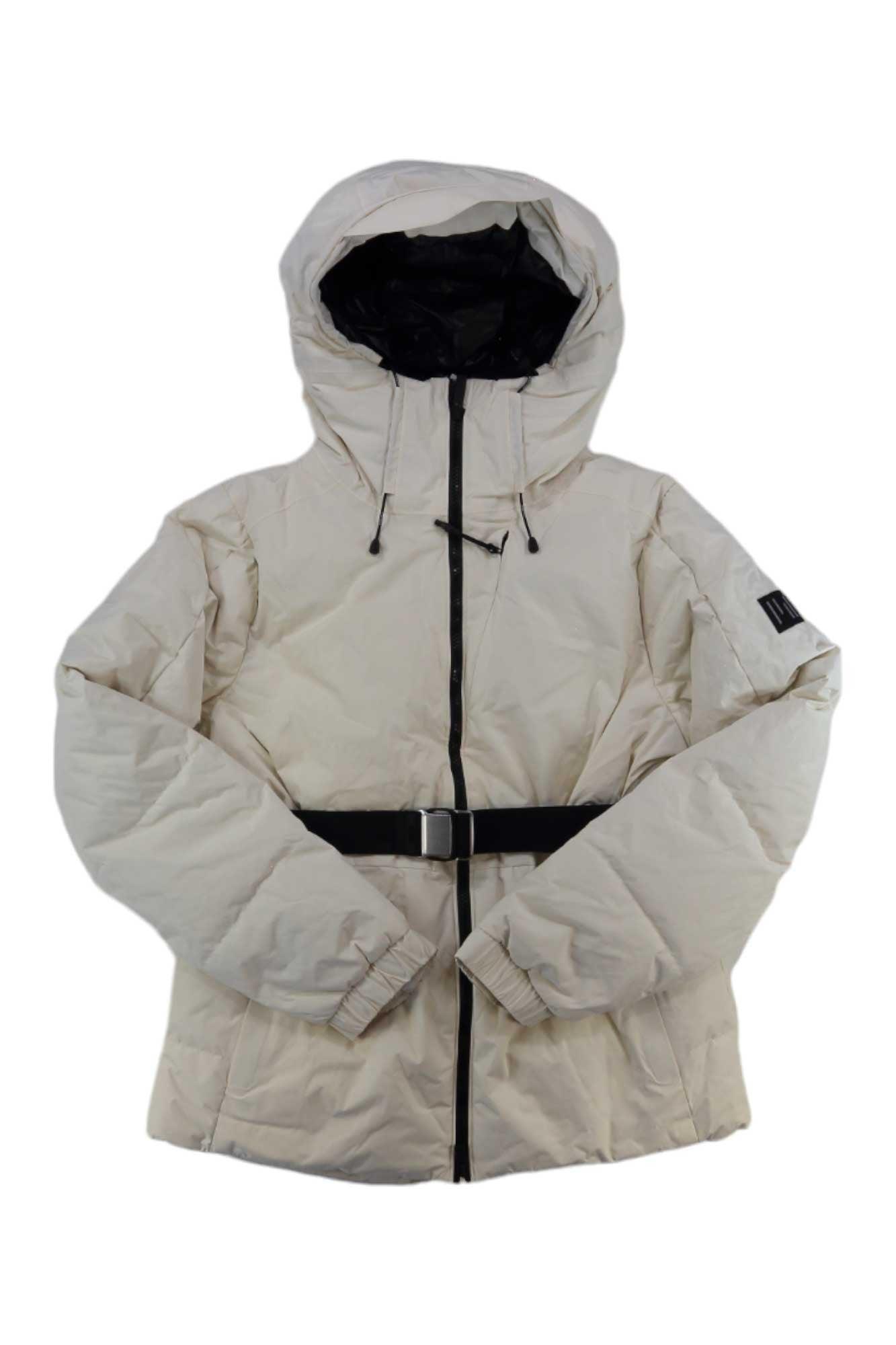 The Holden Womens Belted Down Jacket features a light beige color, hood, black zipper, adjustable waist belt, and a small black patch on the upper left sleeve—ideal for staying stylish and warm on chilly days.