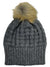 The Pistil Women's Cami Beanie is a gray chunky knit hat with a ribbed design and a large faux fur pom, making it a stylish winter accessory.