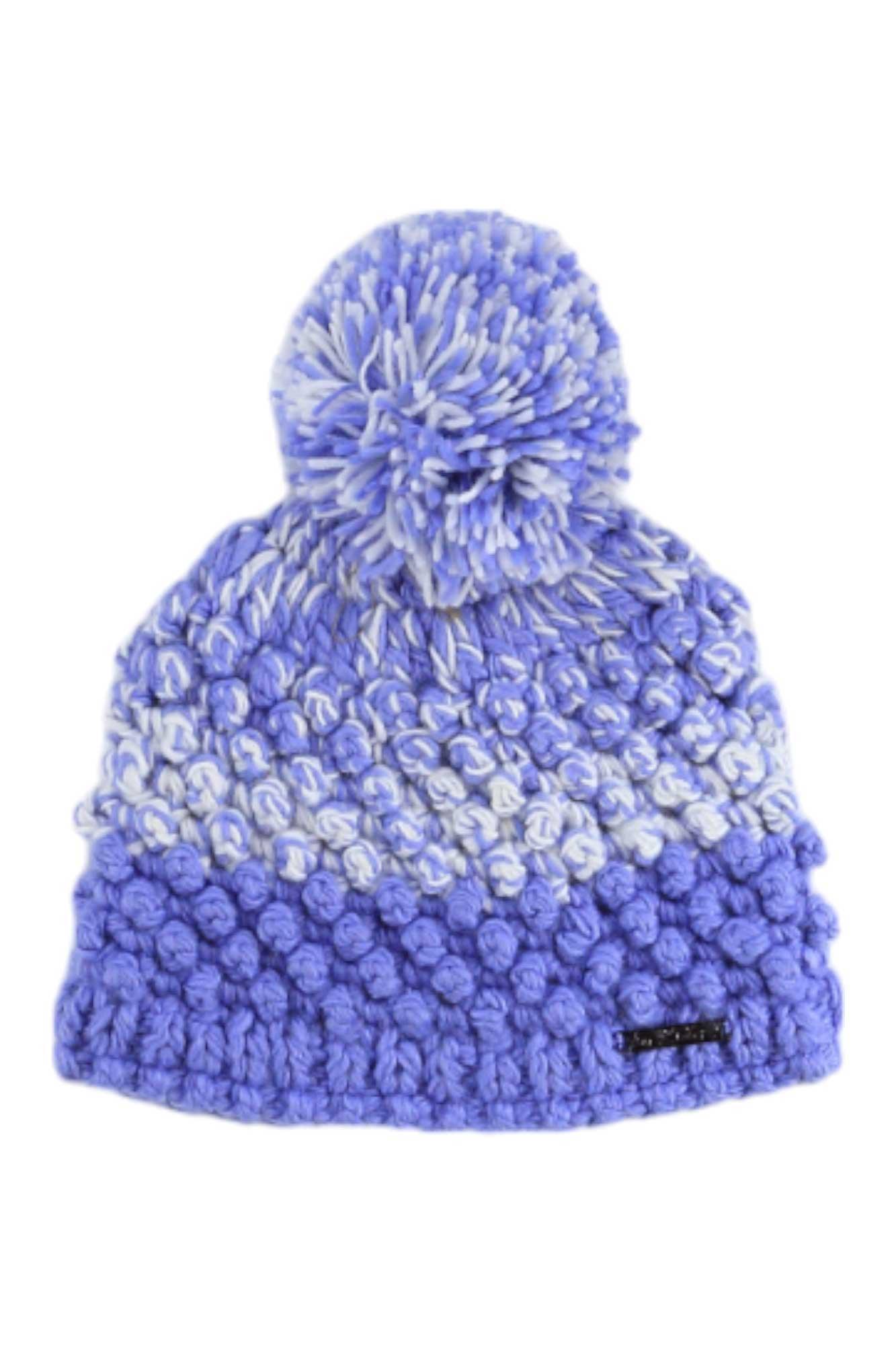 The Spyder Girls Brrr Berry Hat is a knitted purple and white winter beanie for kids, featuring a large pom-pom, small black label on the side, and a chunky textured yarn pattern.