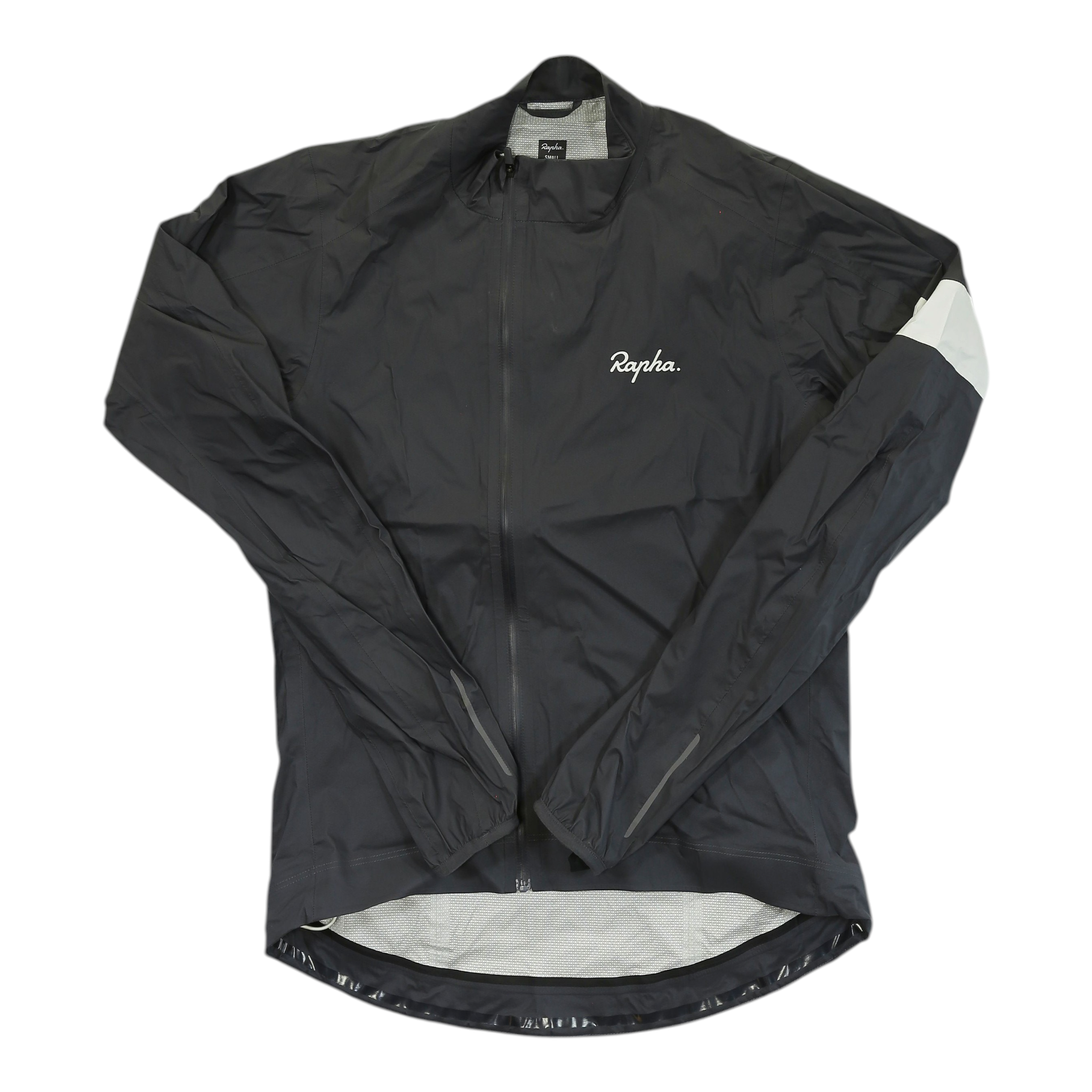 Black hoodless rain jacket with full front zip and white hem panel