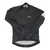 Black hoodless rain jacket with full front zip and white hem panel