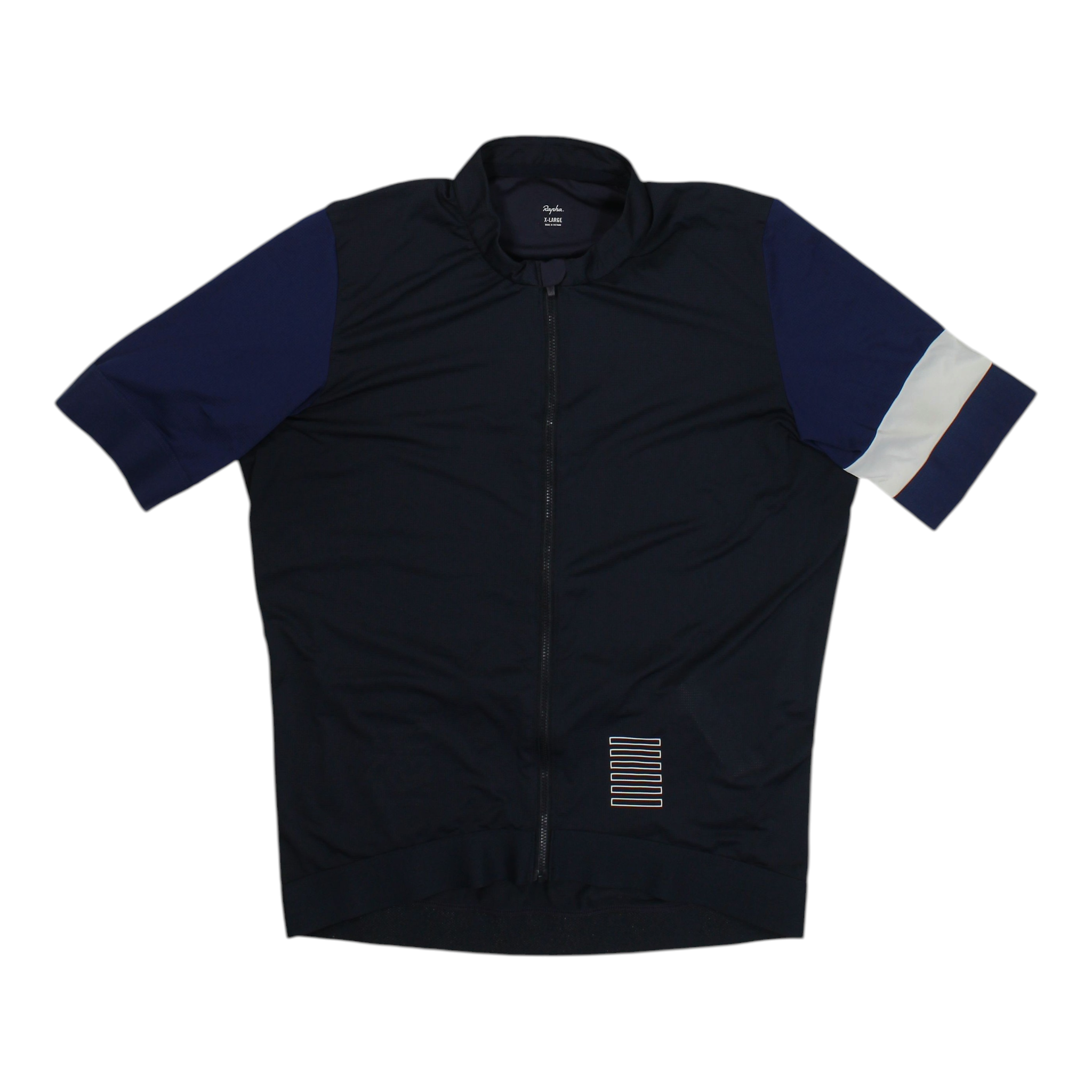 Rapha Pro Team training jersey, dark navy zip-front cycling top with white sleeve panel