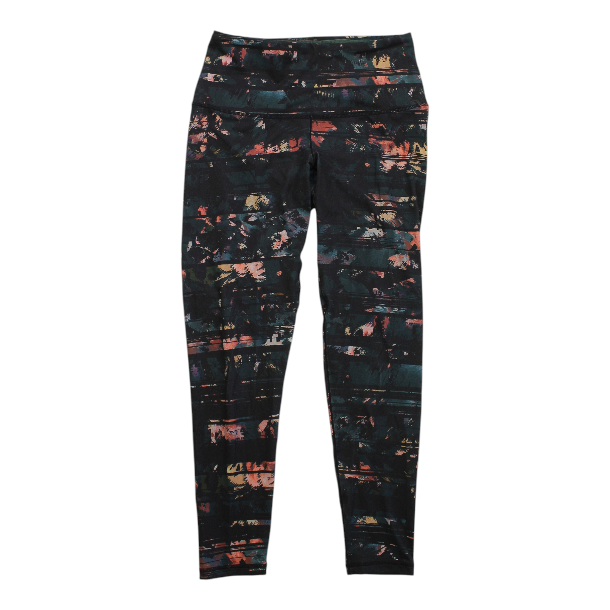 Women's leggings, black with multicolor abstract print, 3/4 length, elastic waistband.