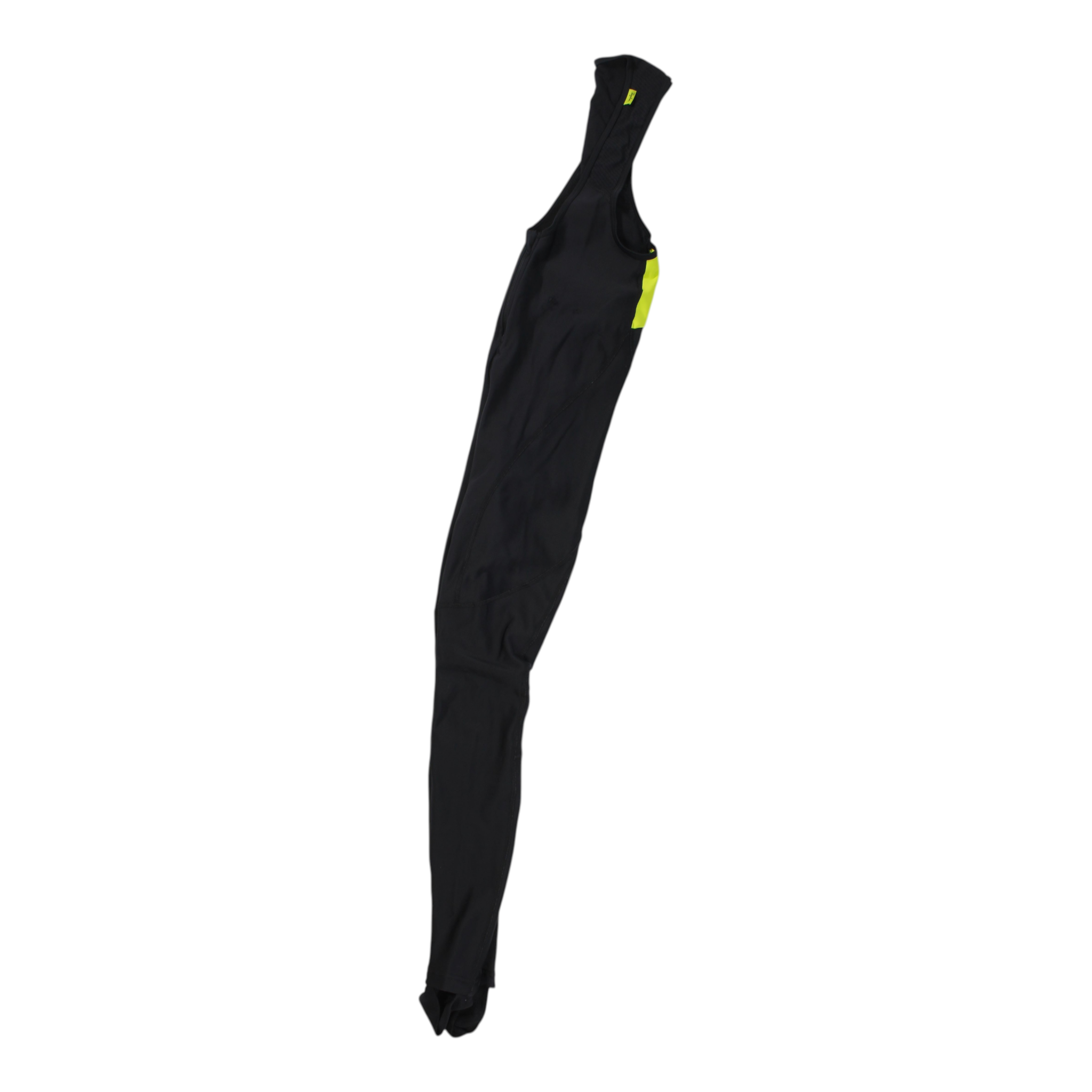 Rapha men's black winter bib tights, no pad, neon yellow side and strap accents