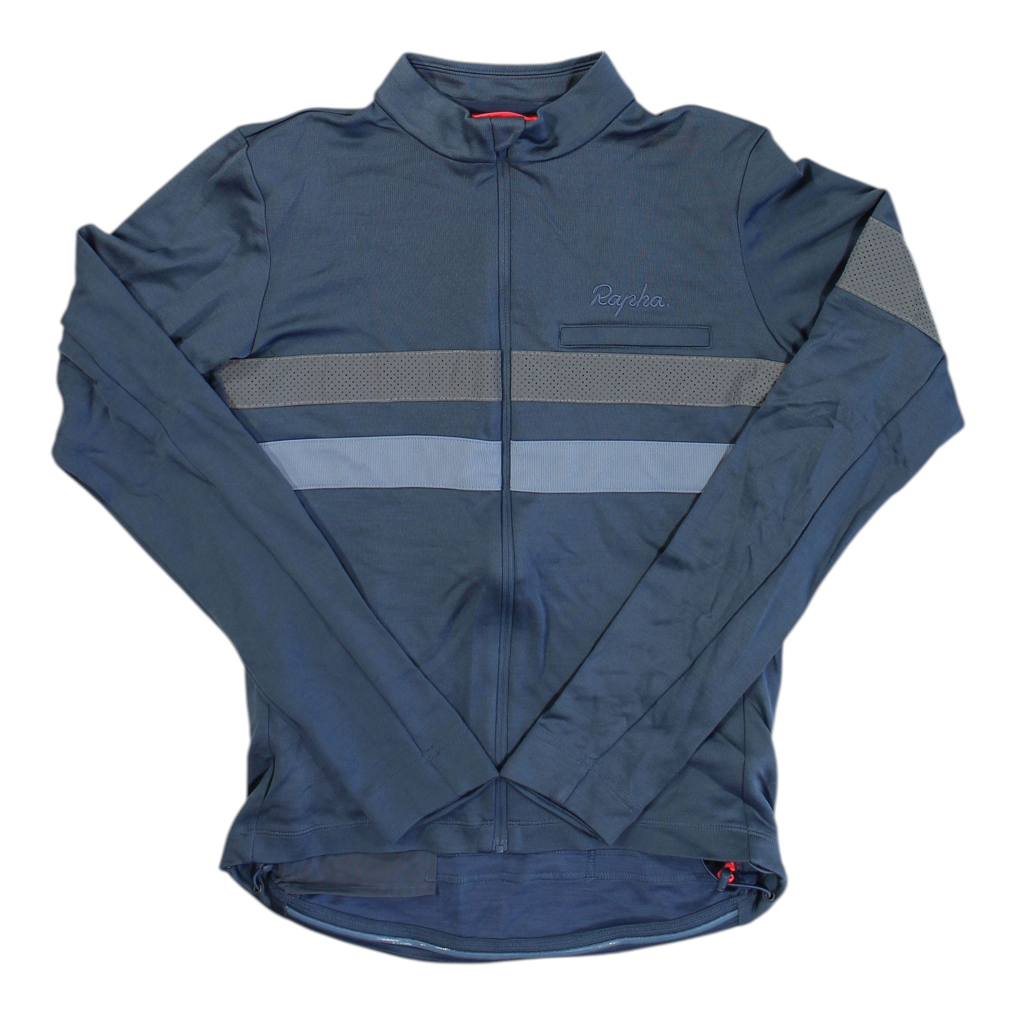 Men's long-sleeve cycling jersey, full-zip, navy blue with light gray horizontal stripe.