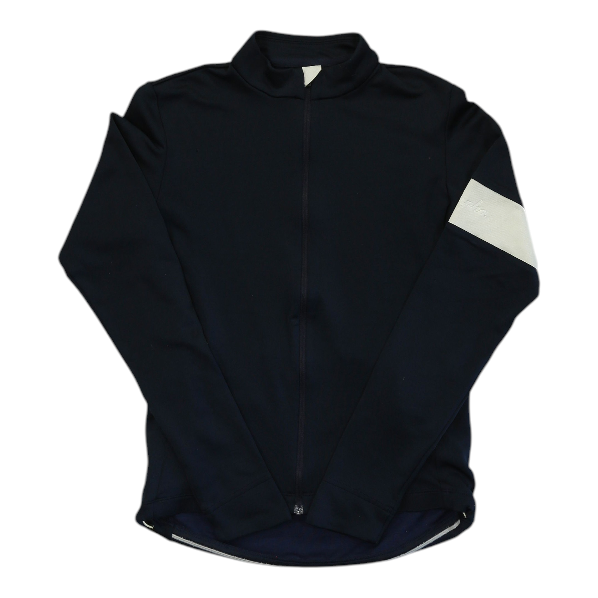 Long-sleeve cycling jersey with full front zipper and stand collar, dark navy