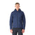 A man faces forward against a plain white background, wearing the Rab Mens Xenair Alpine Light Jacket in navy blue with Primaloft insulation, zipped up, and paired with black pants.
