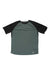 The Canyon Short Sleeve Jersey features a muted green body with solid black raglan sleeves, crafted from breathable fabric and shown laid flat on a white background.