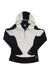The Womens Infinity Wind Blocking Hoody is a softshell long-sleeve pullover with a white front, black sleeves and sides, green zipper, green-lined hood, thermal insulation, embroidered chest logo, and thumb holes for warmth.