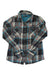 The Bridget Flannel is a long-sleeve, button-up plaid shirt in blue, black, white, and red with two flap chest pockets—crafted from soft organic cotton flannel for comfort and style.