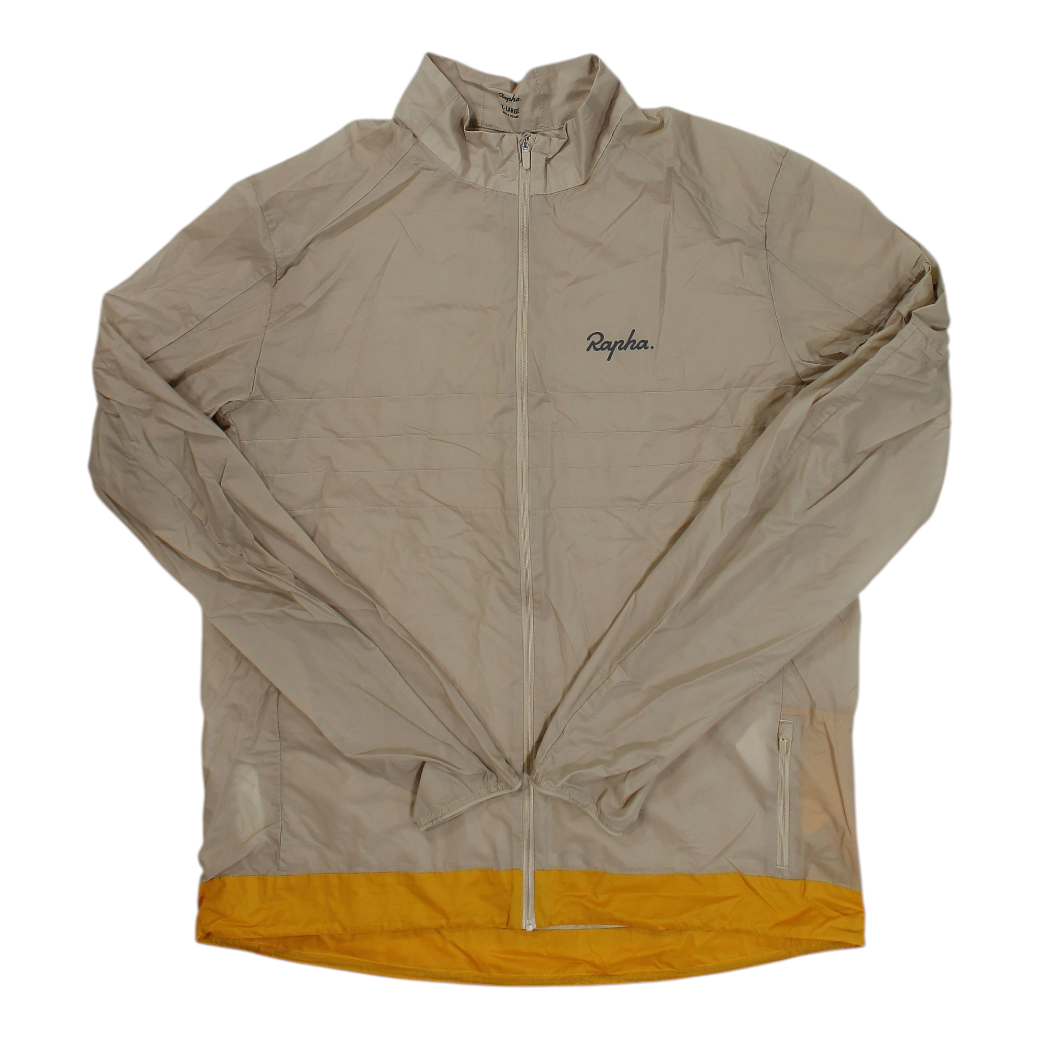 Lightweight jacket by Rapha, beige with orange hem stripe, front zip and stand collar