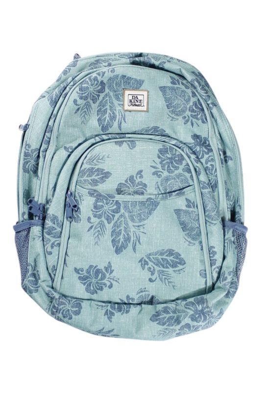 A light teal Eve 28L Pack - Women's backpack featuring a blue floral pattern, padded laptop sleeve, and small brown DaKine Hawaii logo.