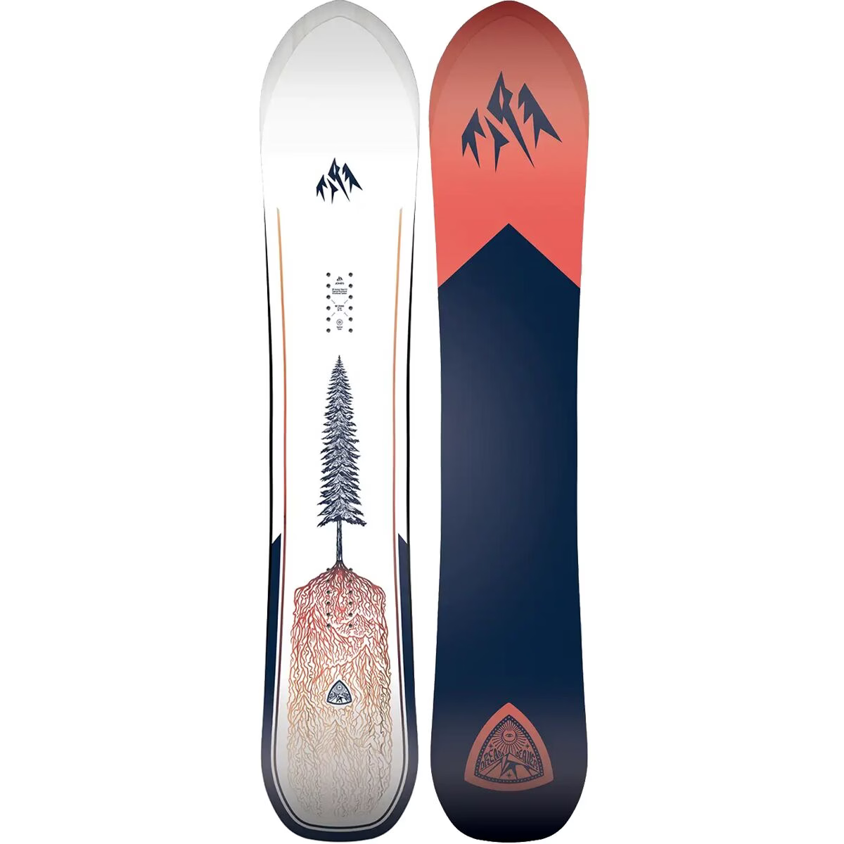 Women's Dream Weaver snowboard pair with white tree graphic and red/blue mountain design
