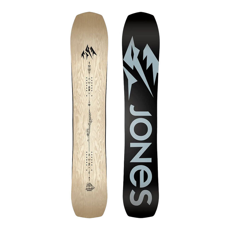 Snowboard deck, tan and black with bold graphic and vertical text accents