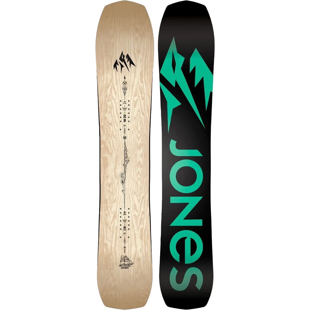 Snowboard with tan top sheet and black graphic deck featuring teal logo