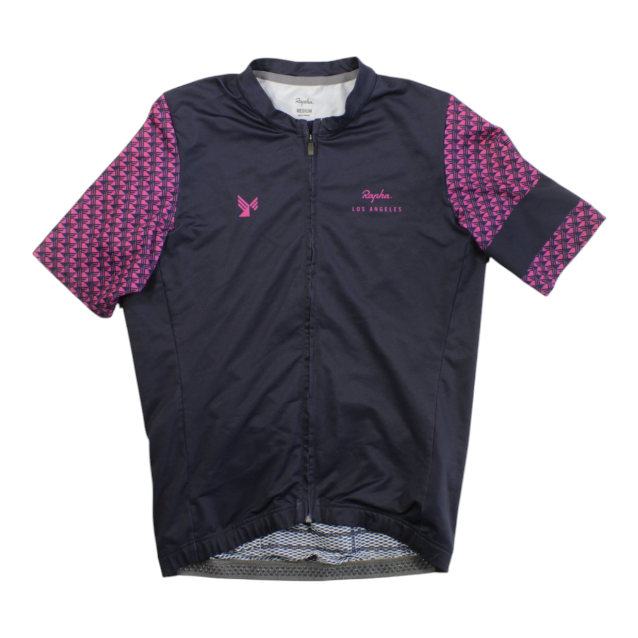 Men's Clubhouse cycling jersey, navy with magenta patterned sleeves and full front zip.