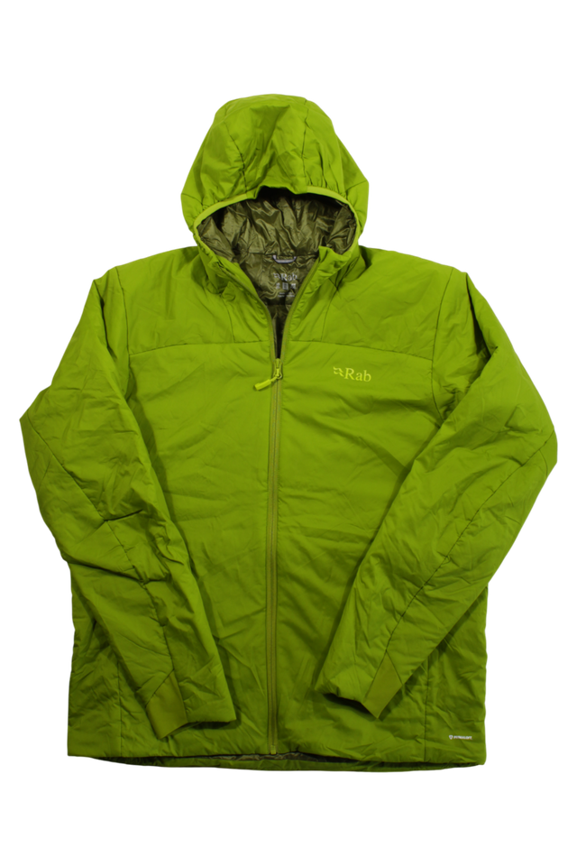 The Rab Mens Xenair Alpine Light Jacket in bright green features Primaloft insulation, a hood, front zipper, long sleeves, and a Rab logo on the left chest. Shown on a white background; ideal as a lightweight mountaineering jacket.