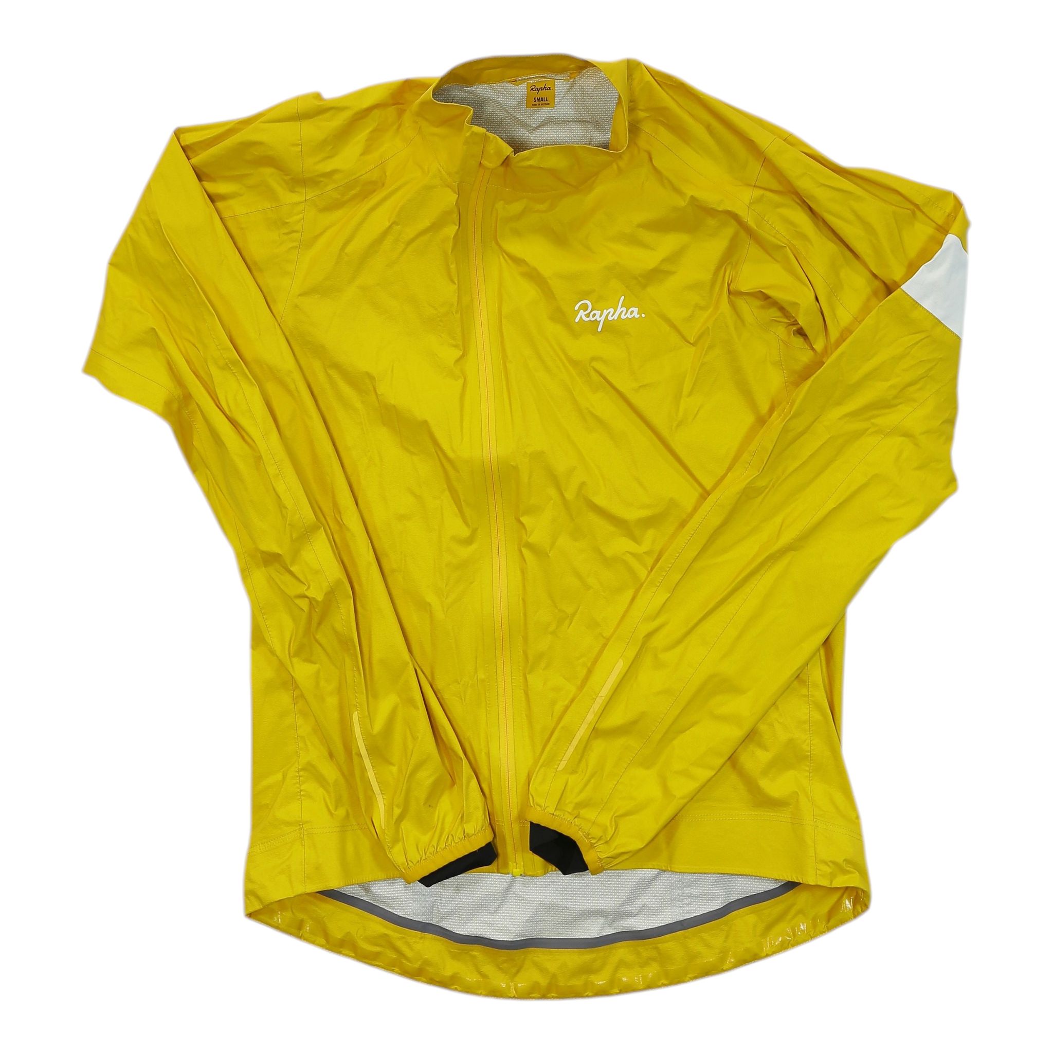 Yellow hoodless rain jacket with full front zip and white side panel