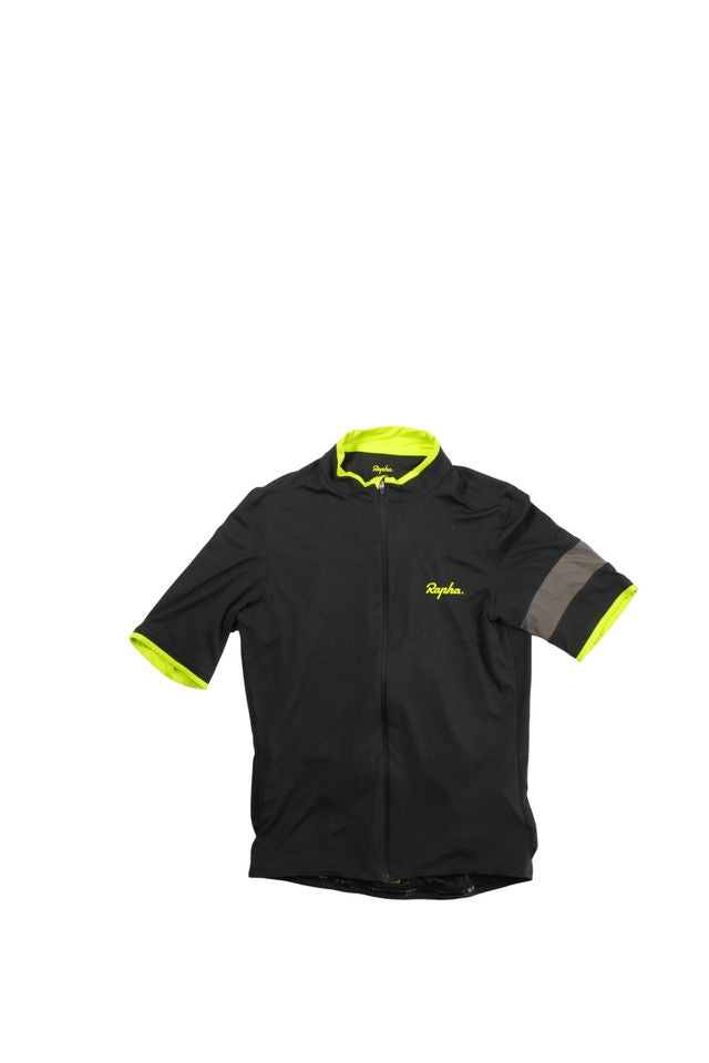 The Rapha Men's Super Lightweight Jersey is a short-sleeved black cycling jersey with neon yellow trim and a gray stripe on the left sleeve, displayed flat on a white background.