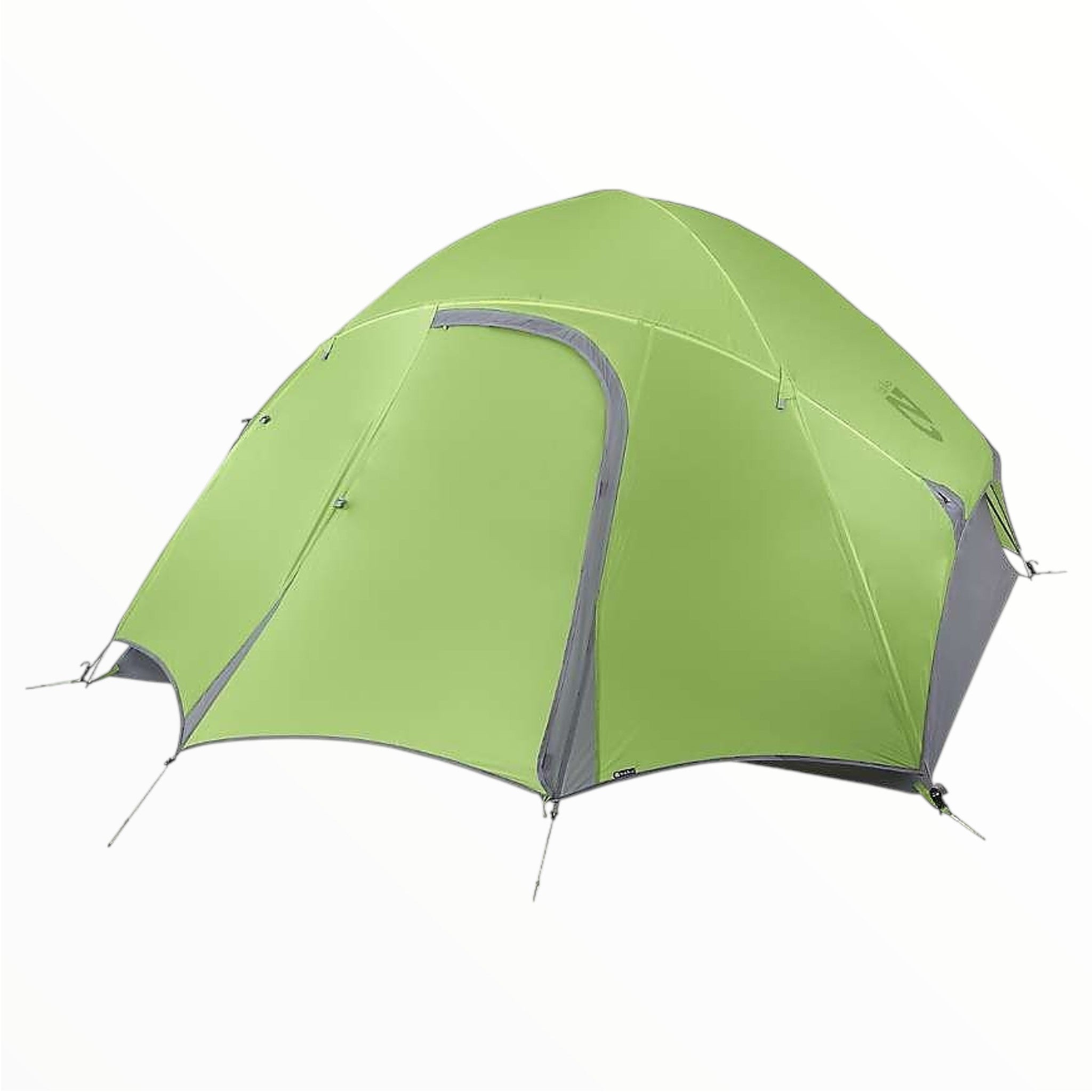 Green dome tent with dark gray doorway and front rainfly