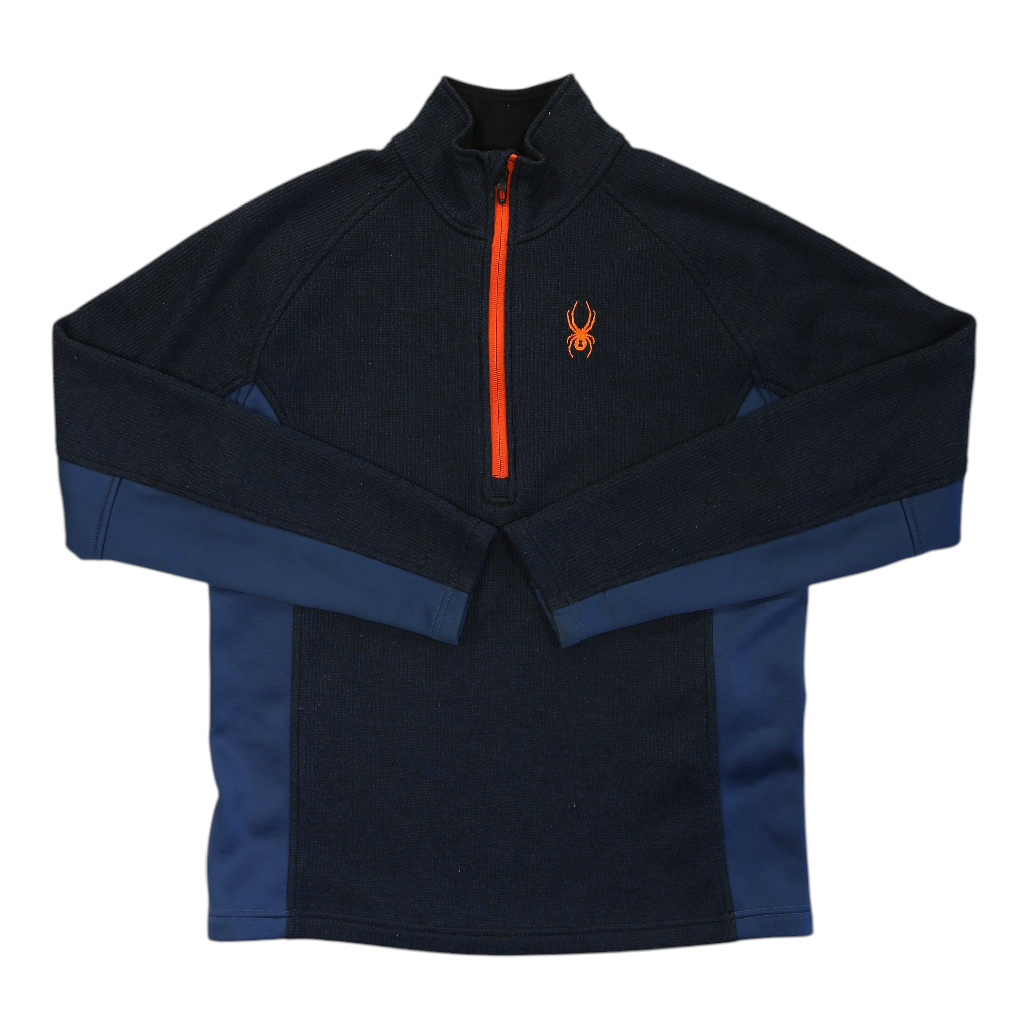 Men's half-zip pullover, dark navy/black with orange zipper and small chest logo