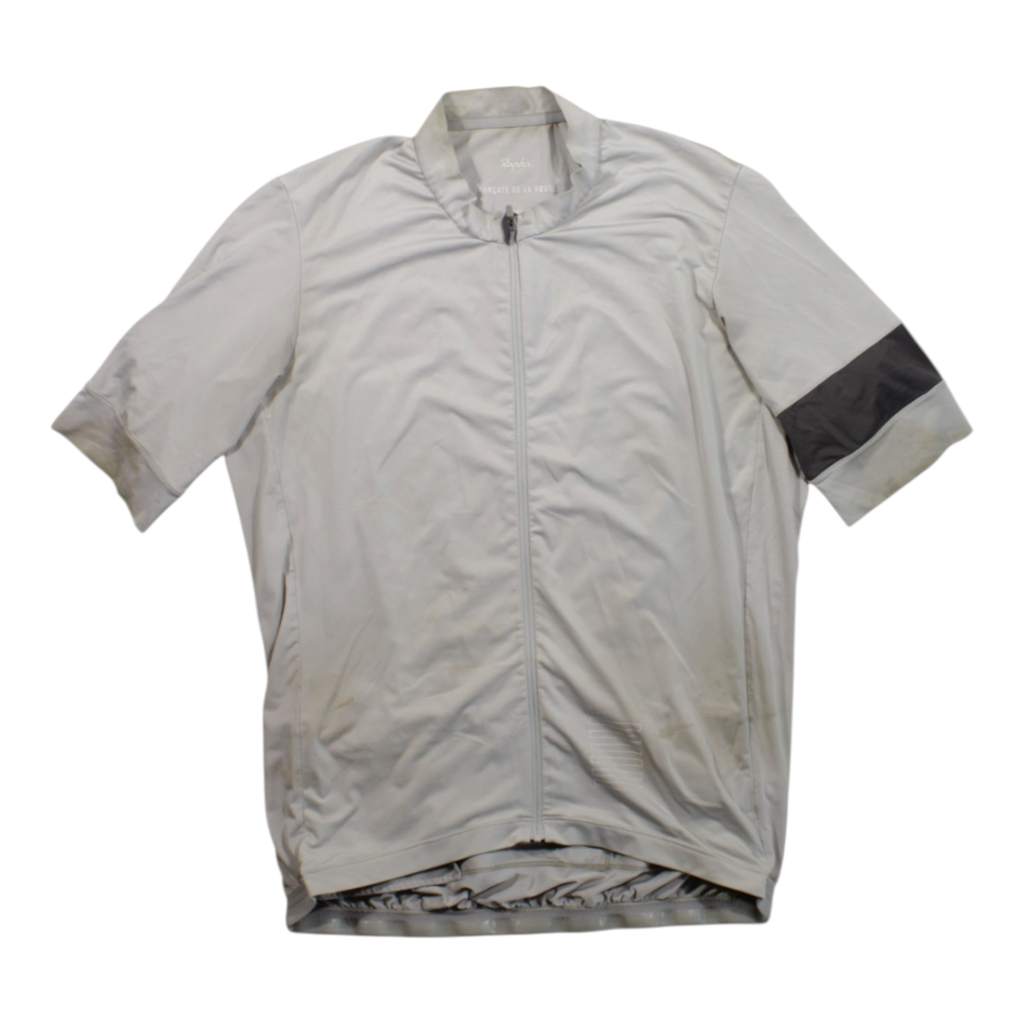 Light gray short-sleeve cycling jersey with full-zip front and black sleeve accents