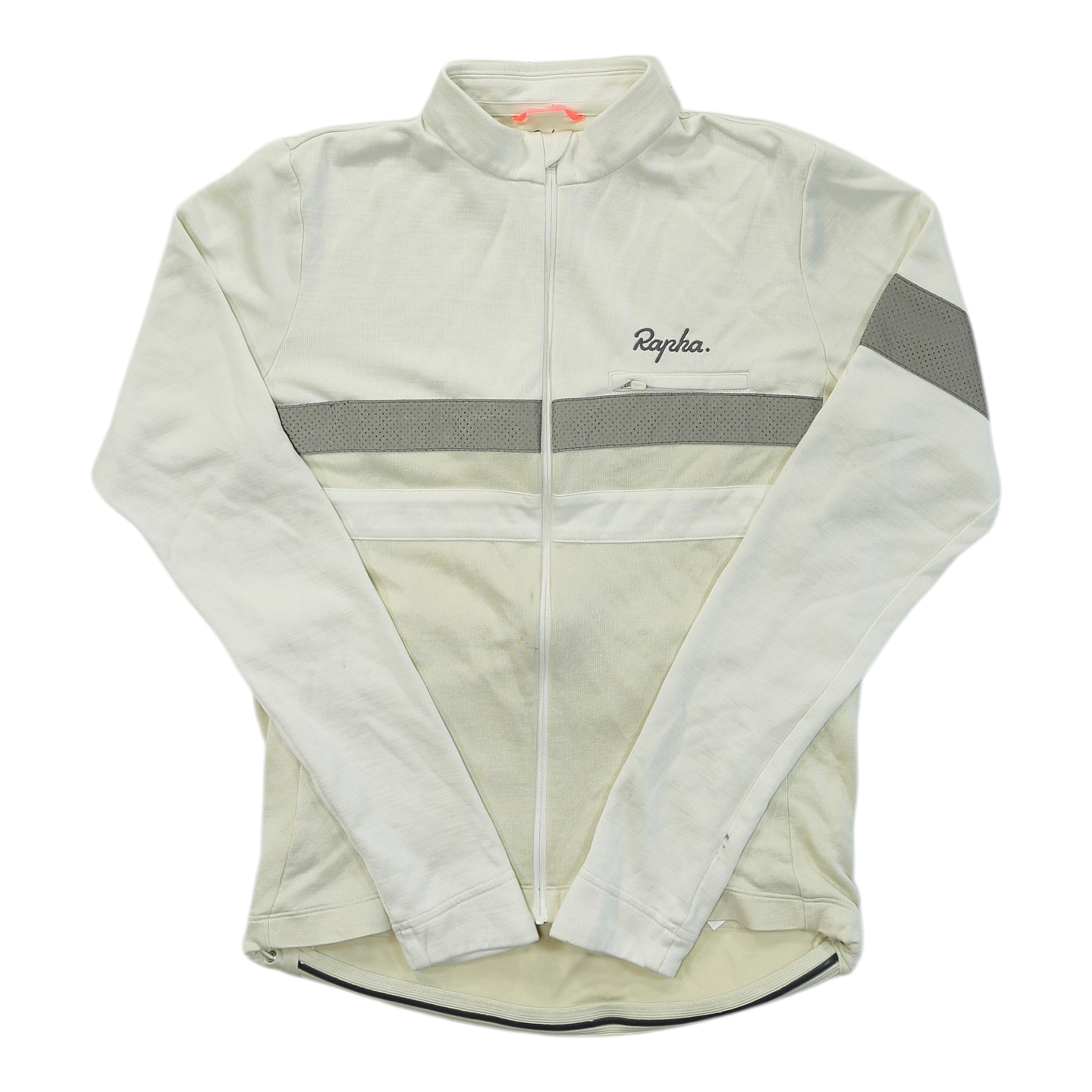 Men's long-sleeve cycling jersey, full-zip, off-white with gray horizontal stripe and triangle panel.