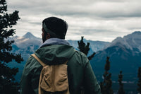 man in a jacket looking at snowcapped mountains