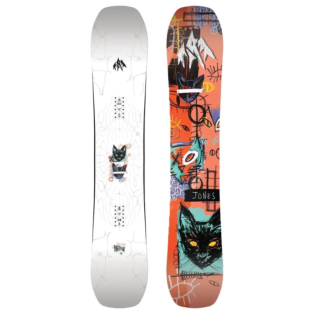 Snowboard set with white and orange cat graphic decks