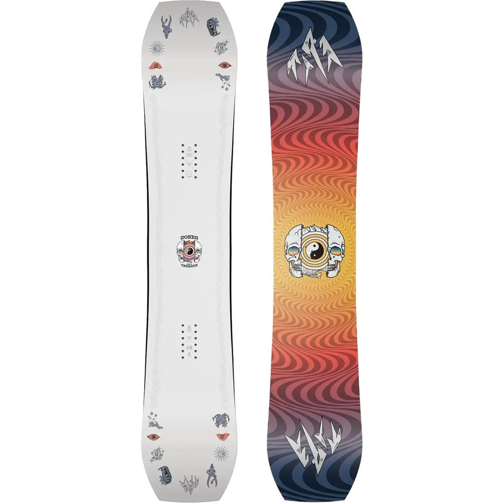 White snowboard deck with character icons and central logo, full-length graphics