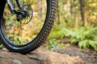  close-up of a mountain bike tire on a trail