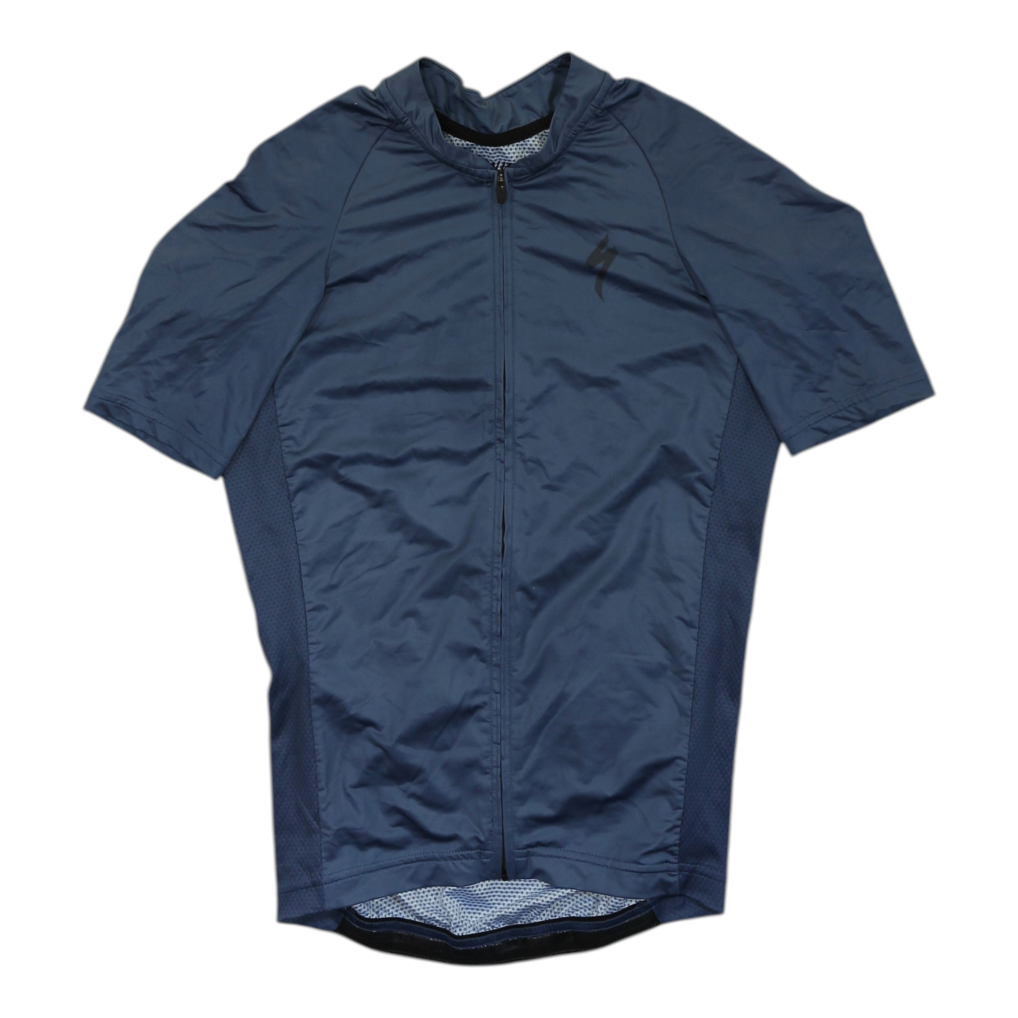 Men's navy short sleeve cycling jersey, full zip with small logo at chest