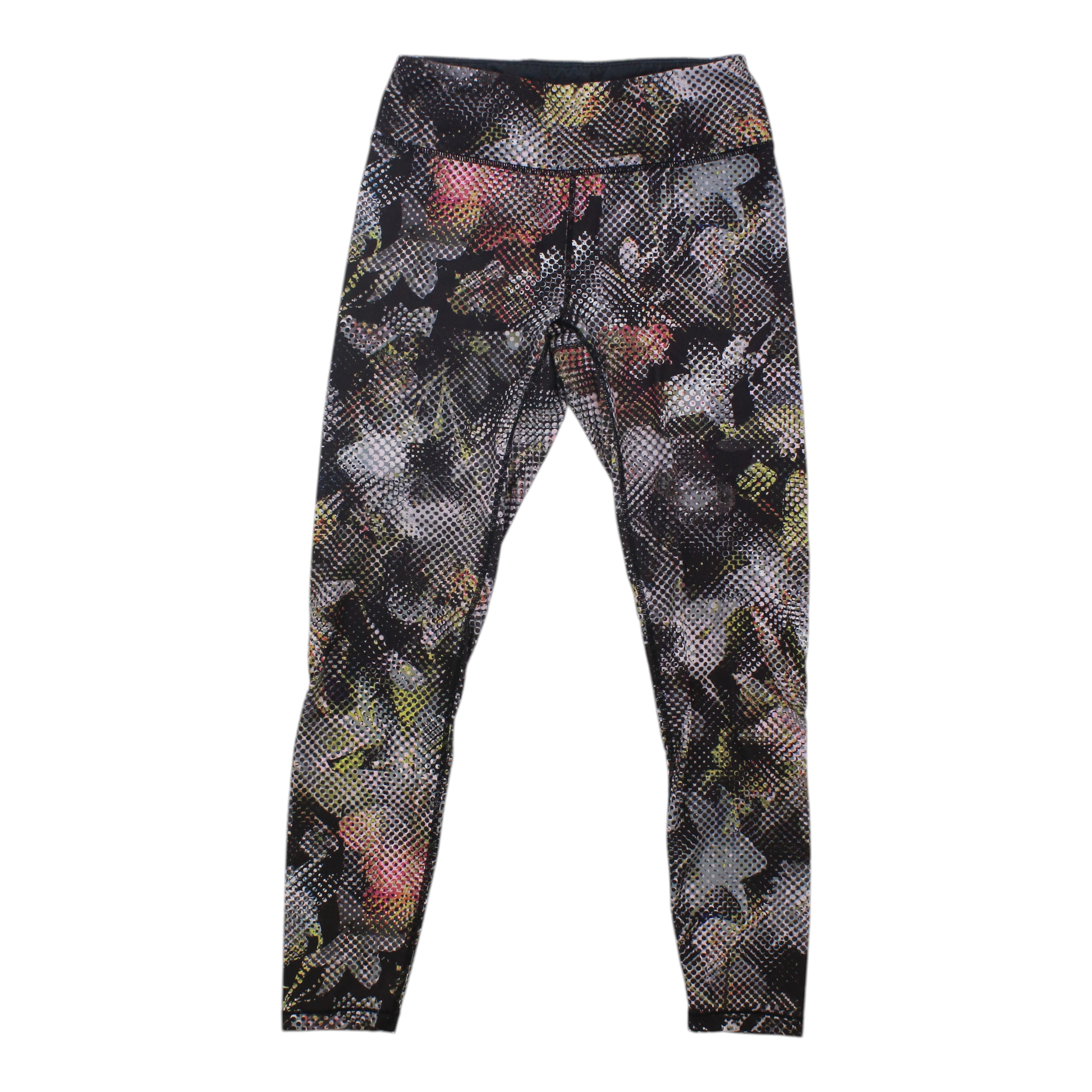 Women's leggings, multicolor abstract speckle print, 3/4 length, elastic waistband.