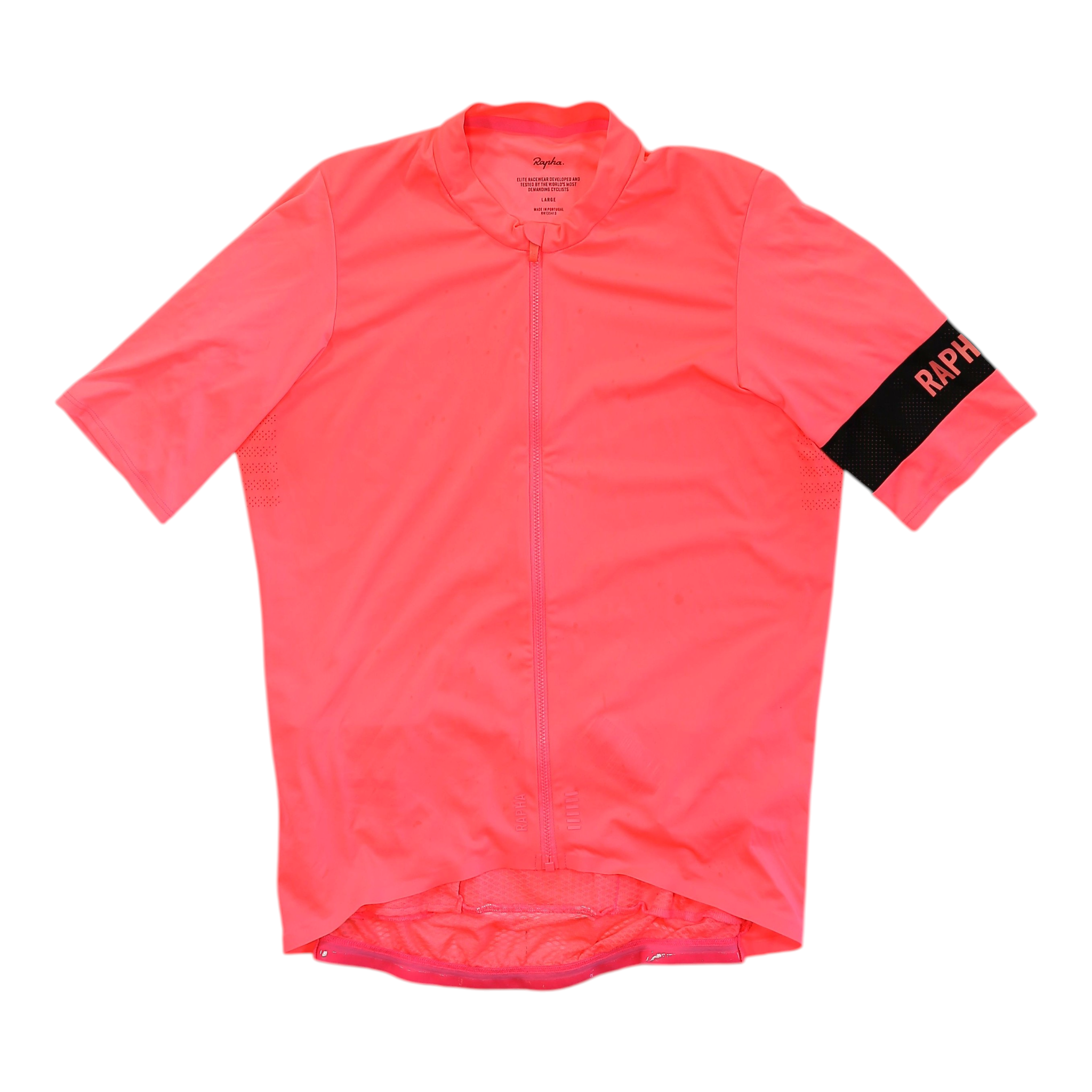 Men's coral pink cycling jersey, full-zip front, short sleeves with side logo patch.