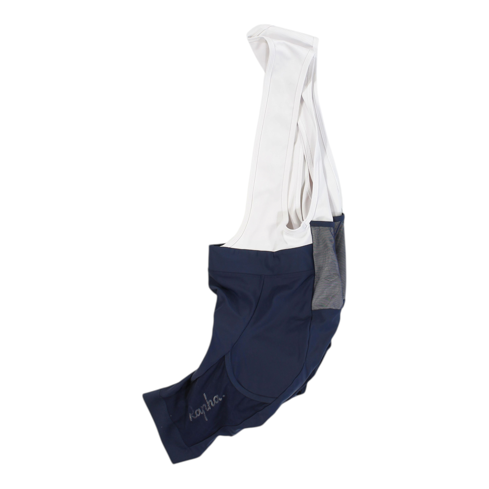 Men's cycling bib shorts, navy with white bib and panel detail, side view, Rapha logo