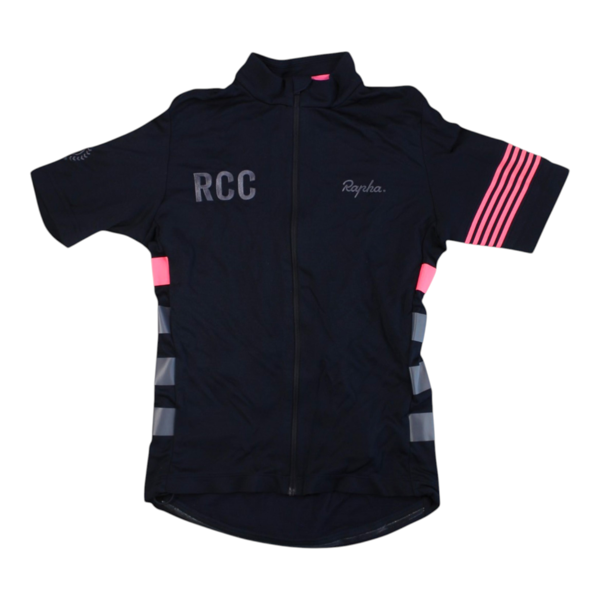 Men's cycling jersey, dark navy with pink accent stripe and short sleeves, full zip