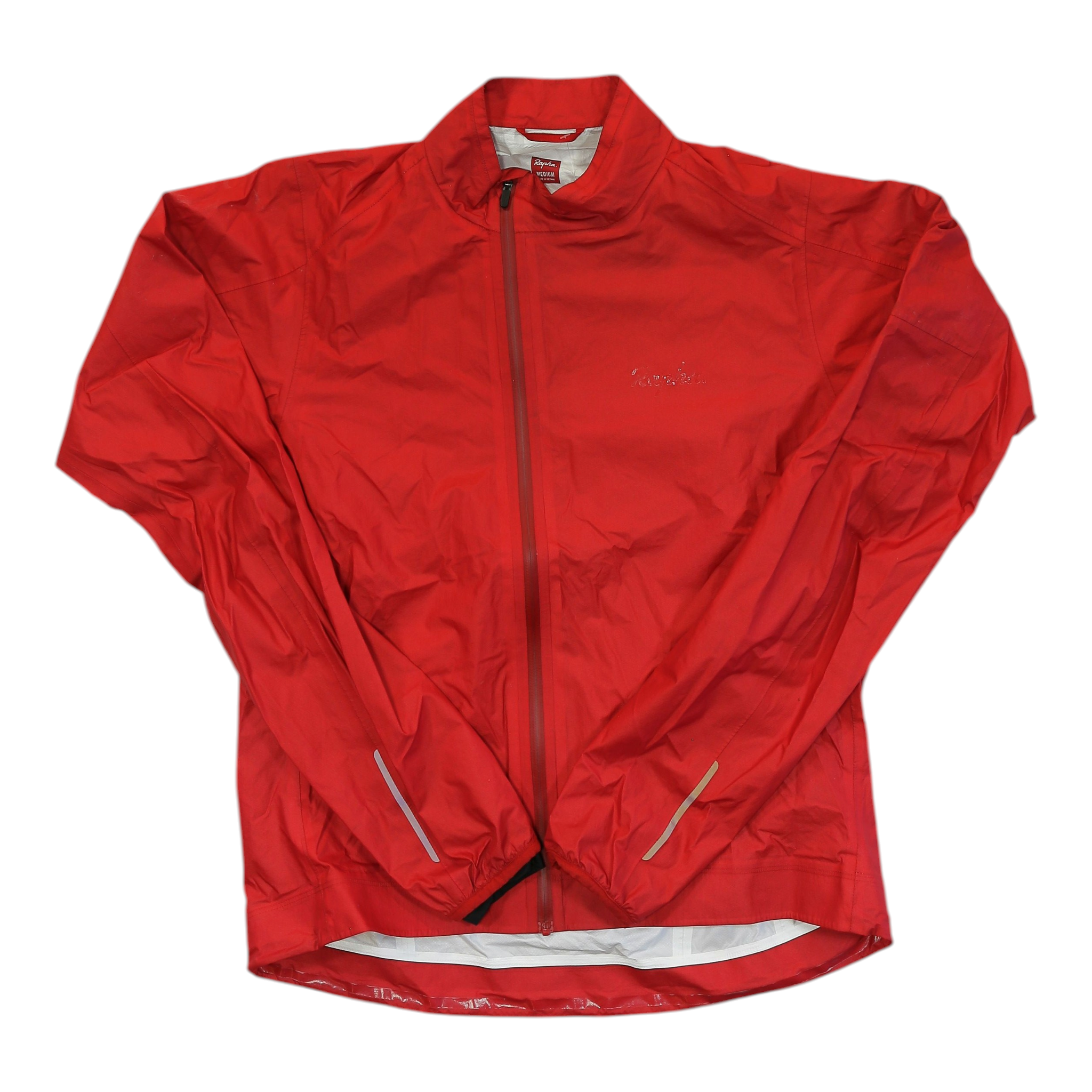 Red hoodless rain jacket with full front zipper, long sleeves, and white hem stripe