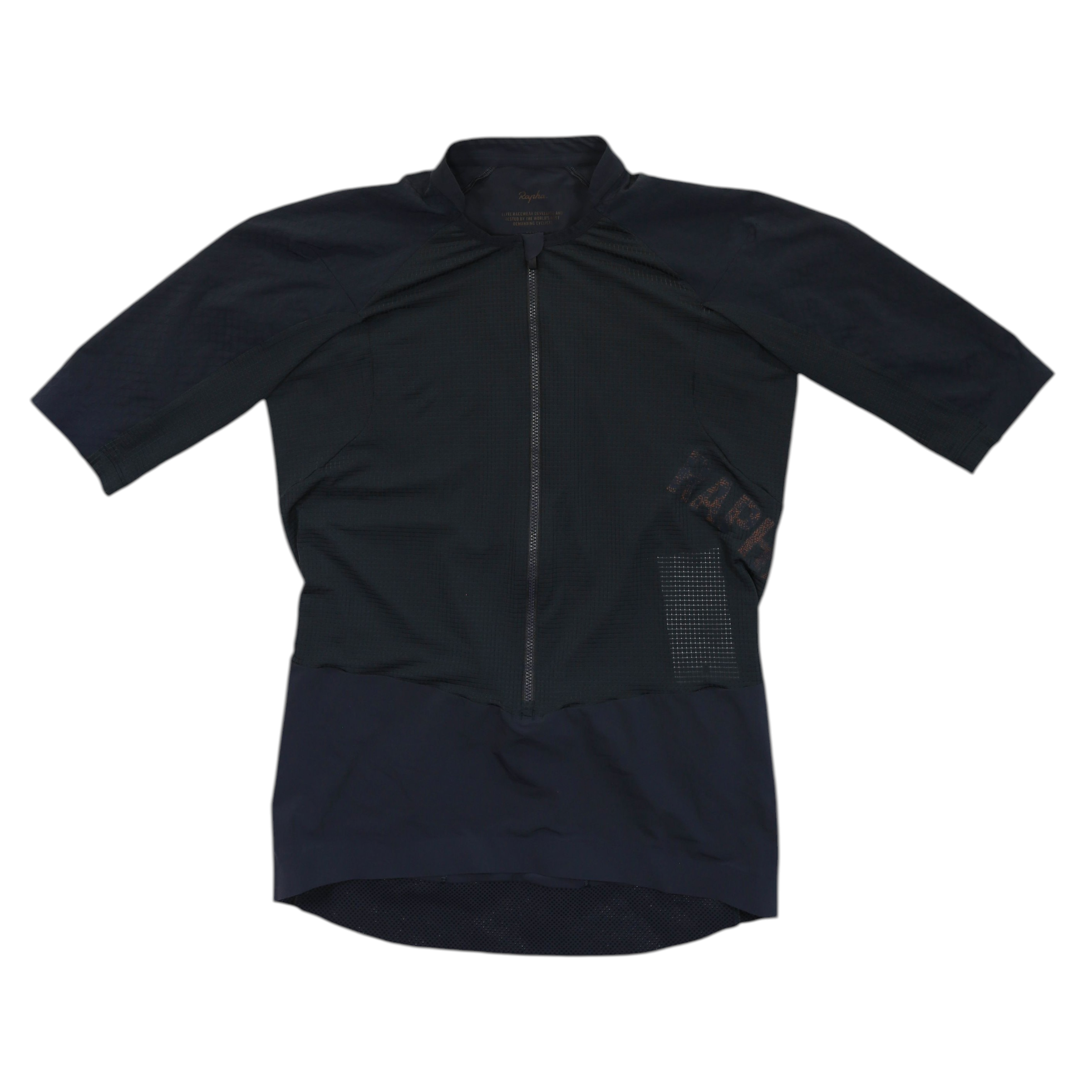 Gravel cycling jersey with short sleeves and full zipper, dark navy, side branding patch