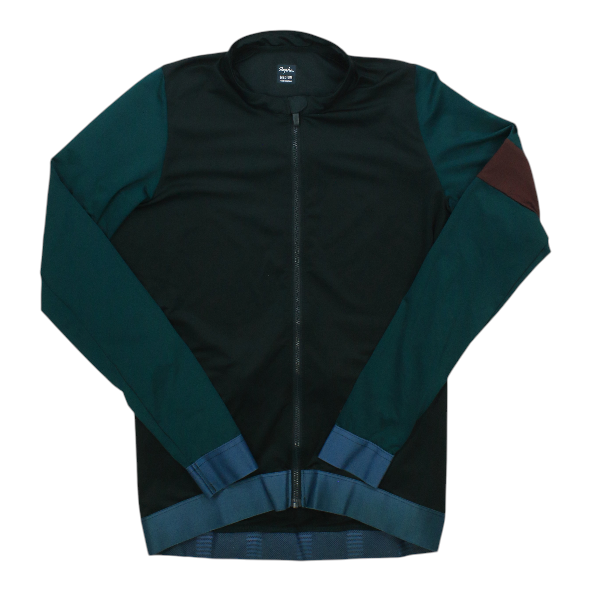 Men's Rapha long sleeve full-zip training jersey, black front with teal sleeves and blue hem
