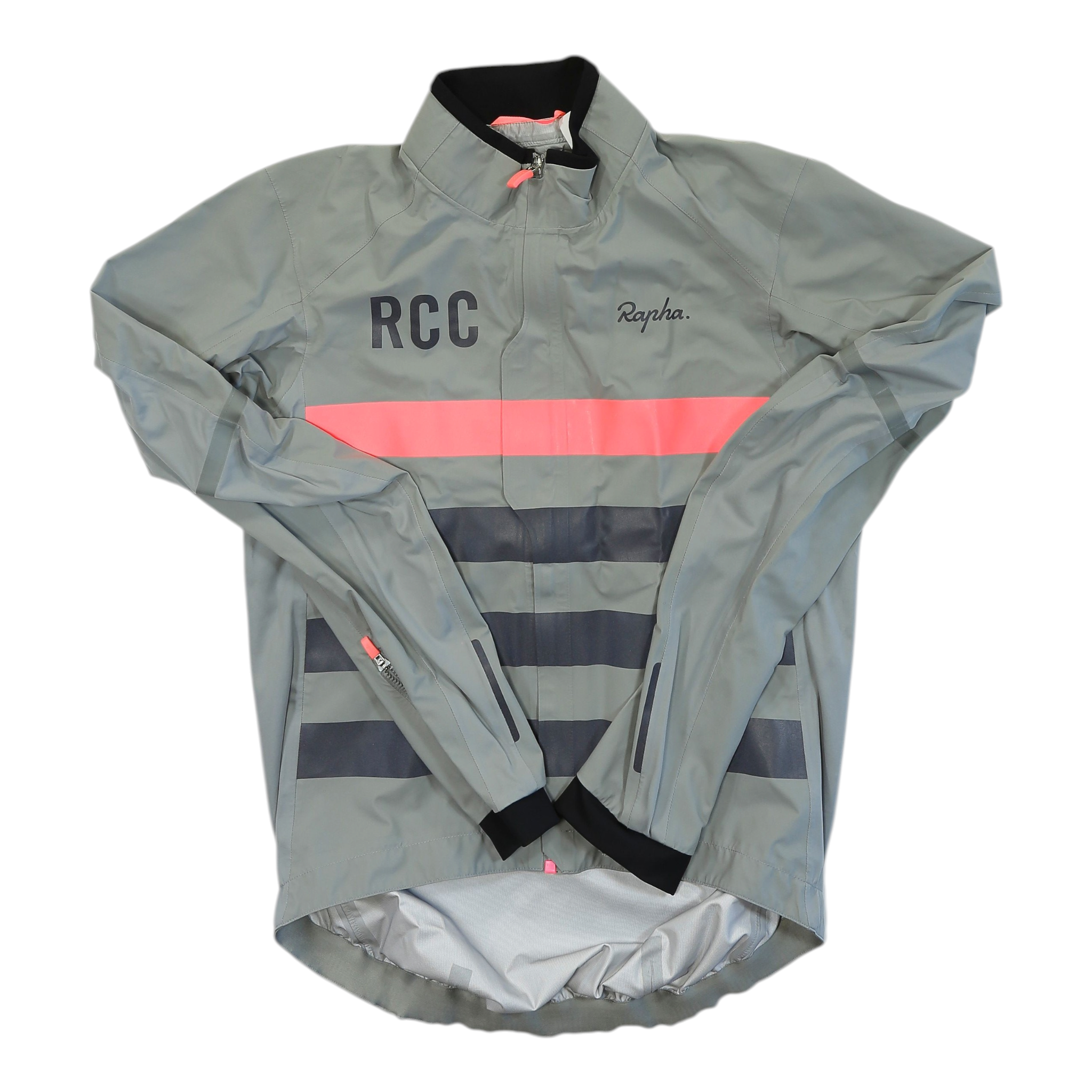 Men's Rapha Pro Team race cape wind jacket, grey/blue with RCC logo, full-zip