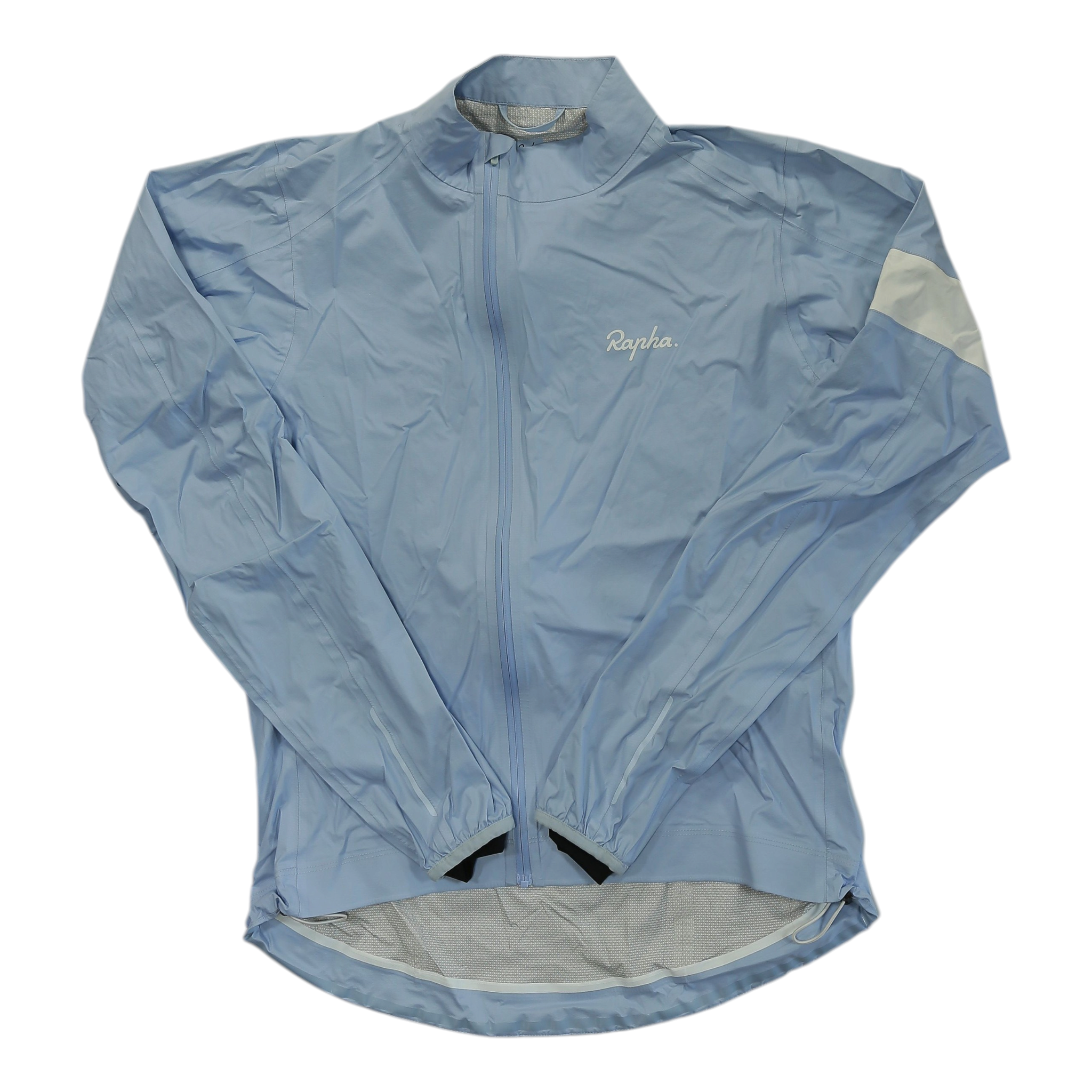 Light blue rain jacket with full front zipper, long sleeves, and white side panel
