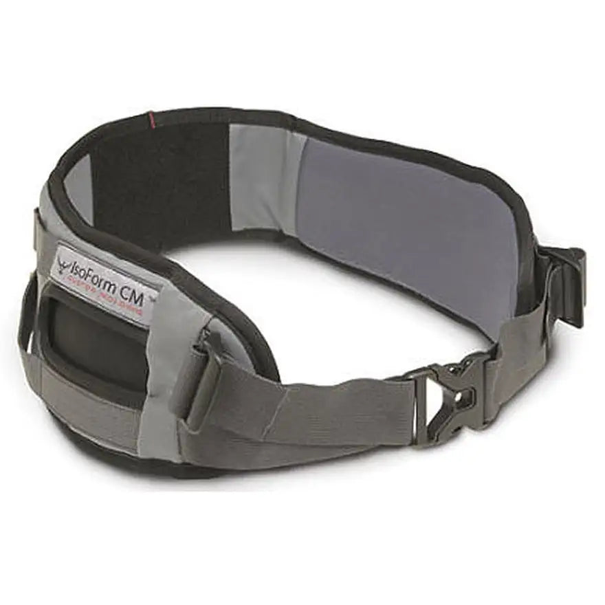 The Osprey Women's Isoform CM Hipbelt is a gray lumbar back brace with padded support and adjustable straps, designed for lower back stability and compression.