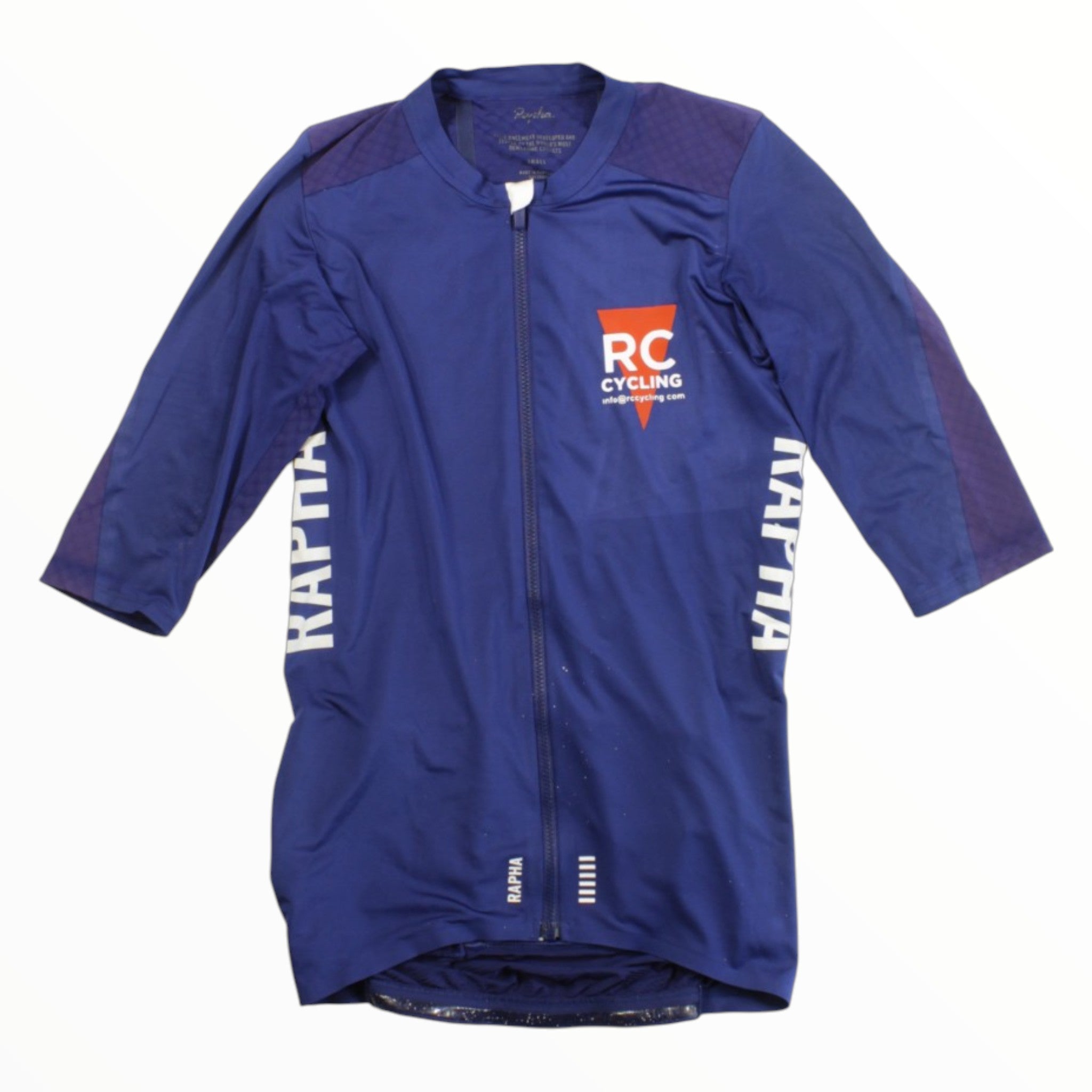 Out&Back Outdoor Rapha Mens Pro Team Aero Jersey in blue with RC Cycling branding and white sleeve logos