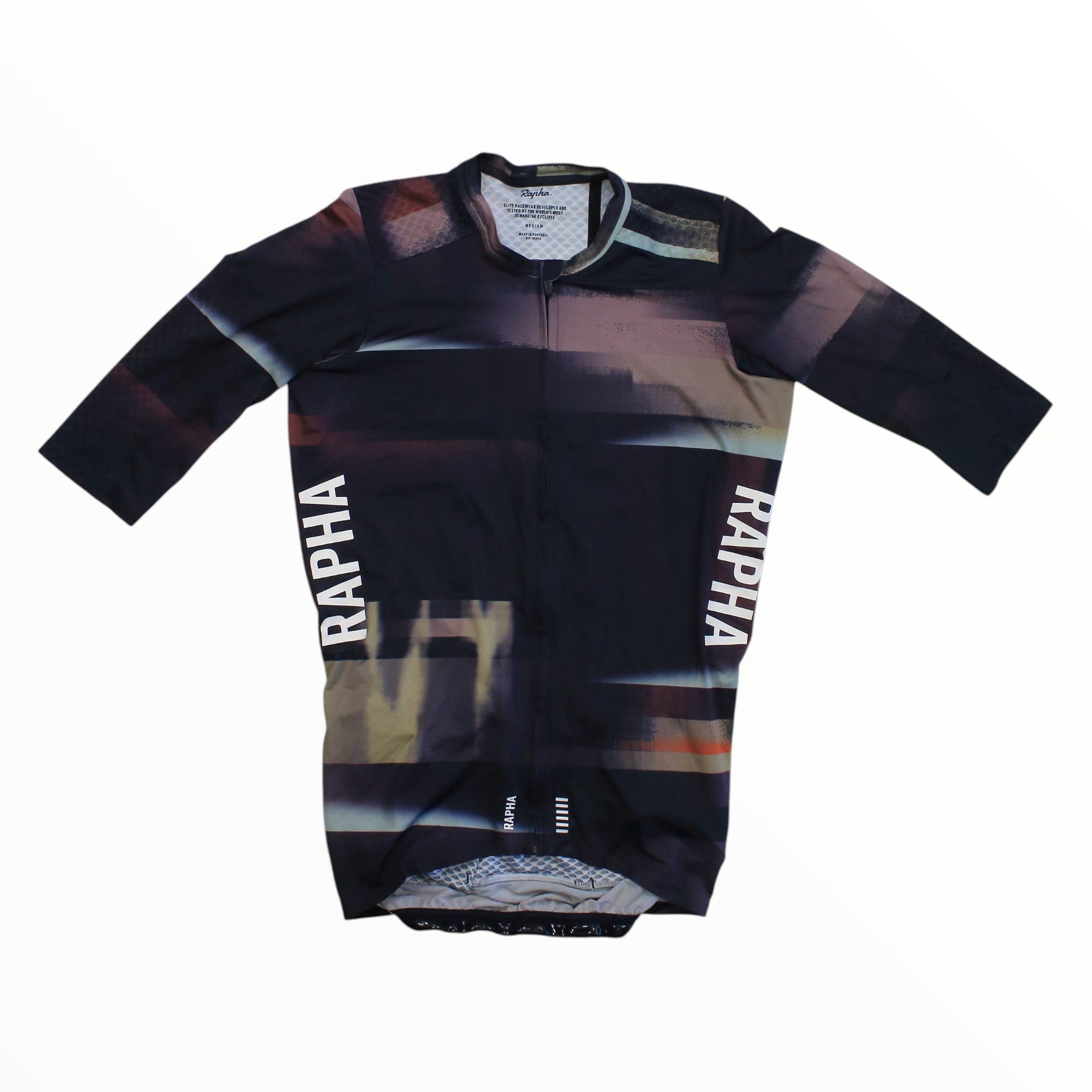 Out&Back Outdoor Rapha Mens Pro Team Aero Jersey in black with abstract motion blur print and white side branding