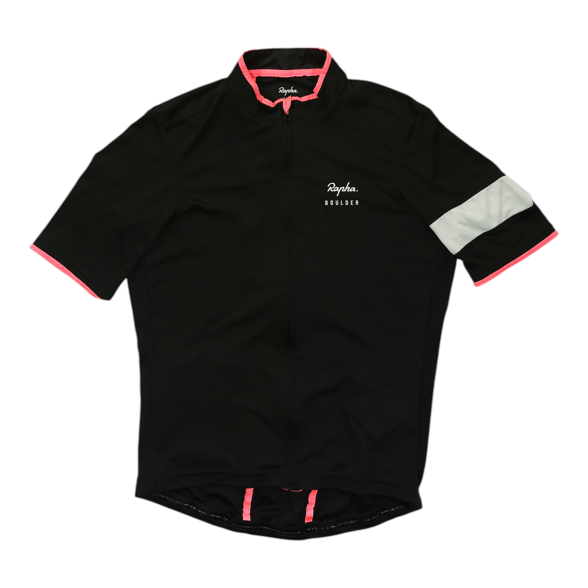 Men's Rapha super lightweight cycling jersey, black with white sleeve patch and pink-red collar
