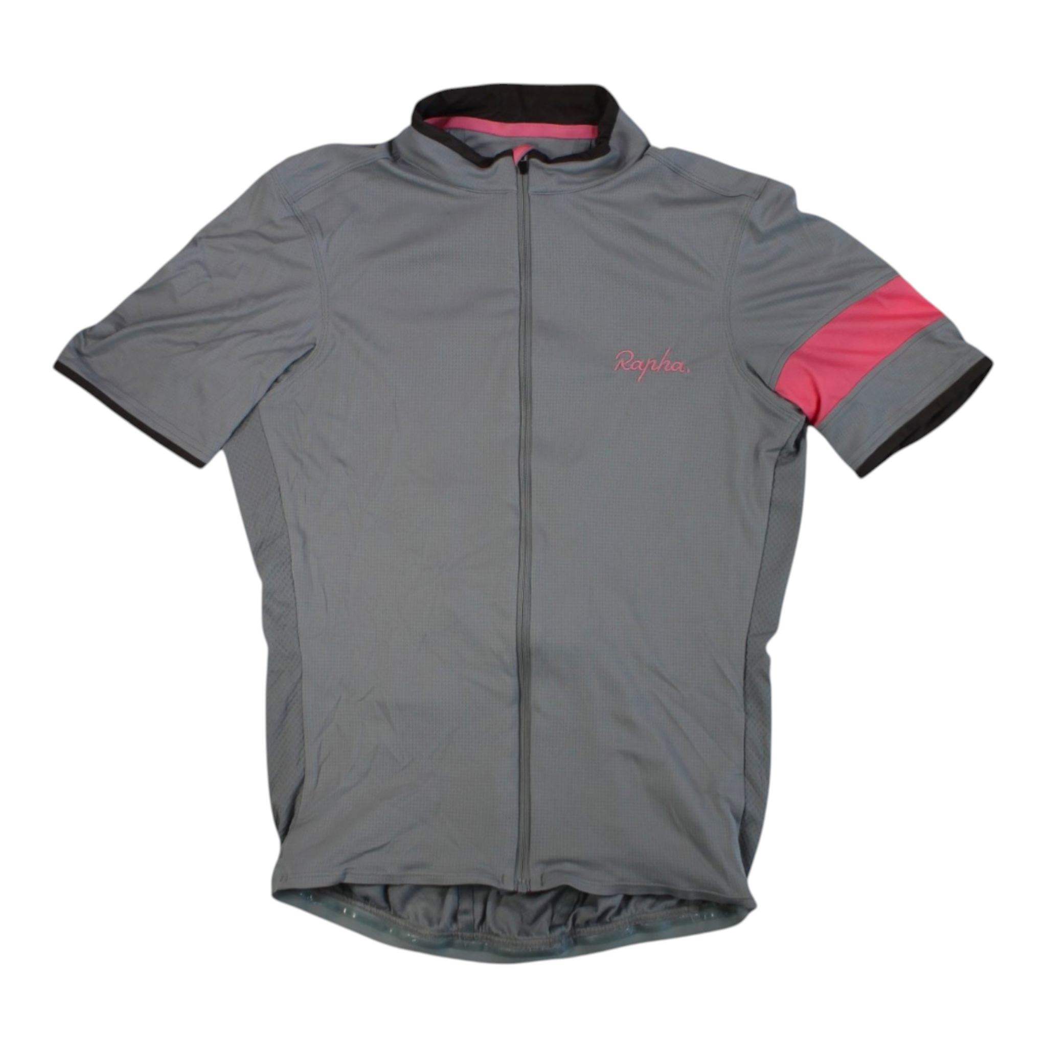 Men's lightweight cycling jersey, grey with pink trim, full zip, short sleeves.