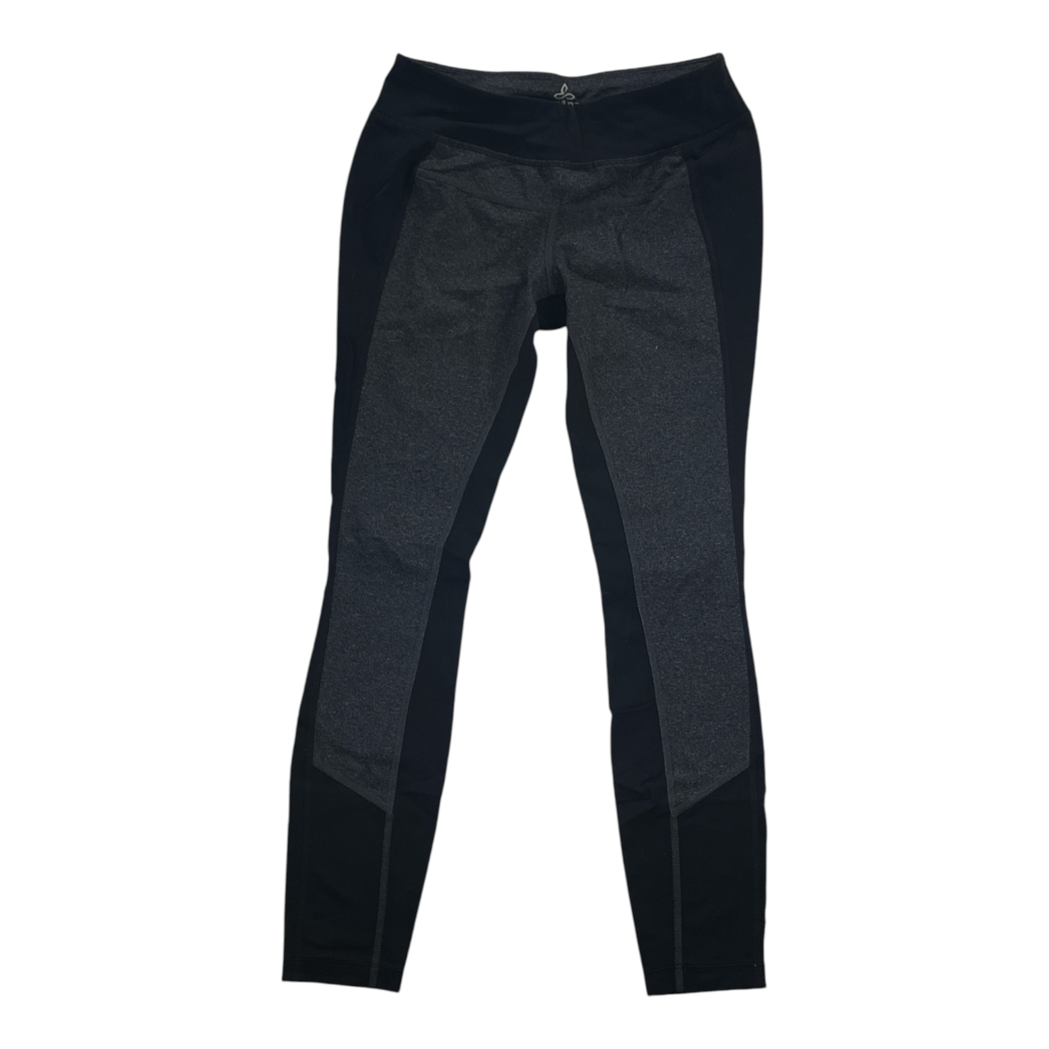 Prana women's leggings in black with panel detailing and sheer-looking side sections