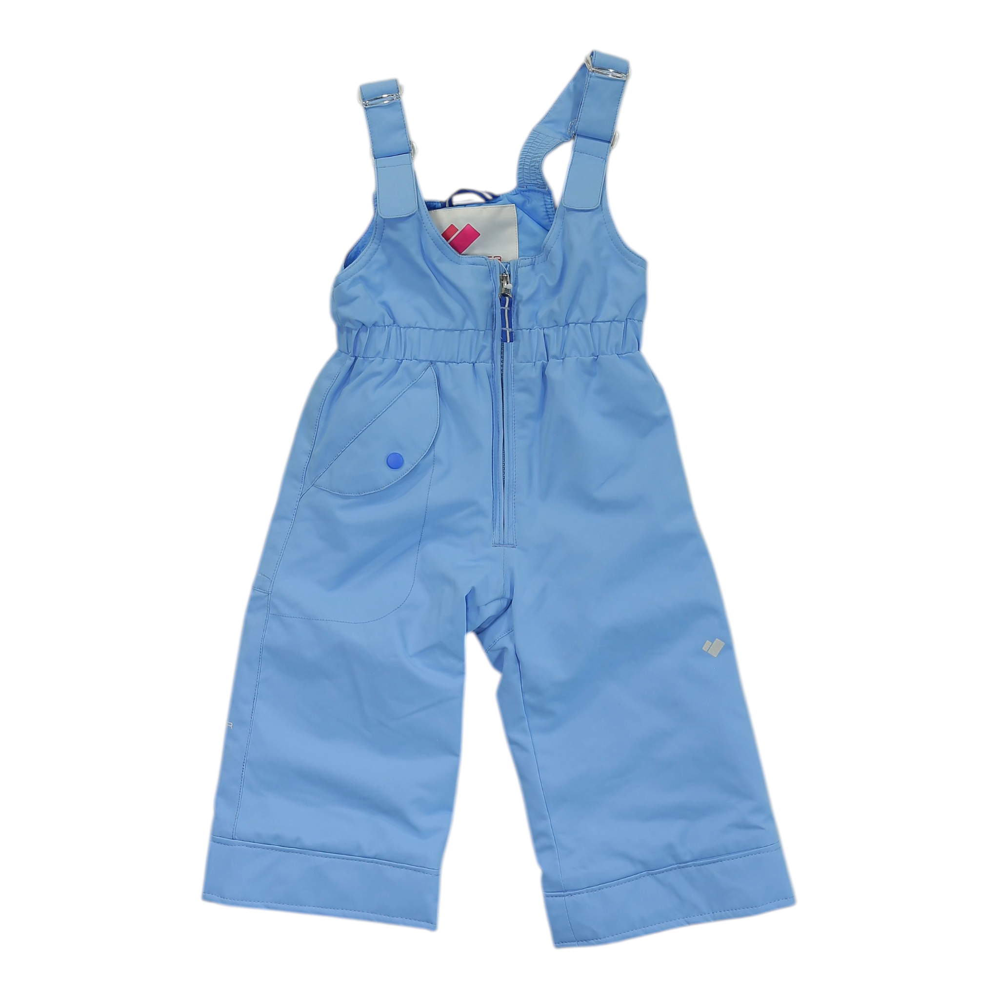 Girls light blue snow bib overalls with front zipper and adjustable shoulder straps
