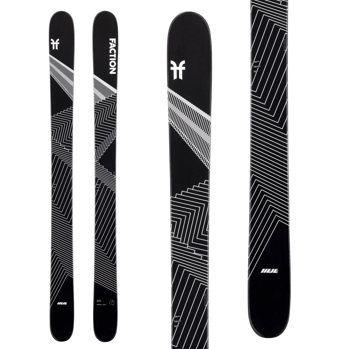 Black skis with white geometric stripe graphics and Faction logo, angled view