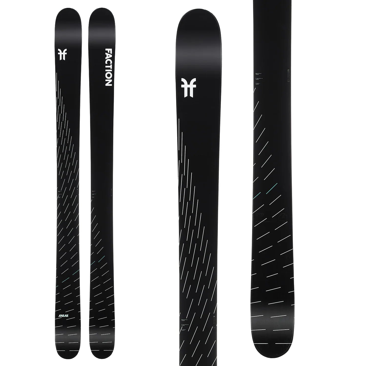 Black skis with Faction logo and diagonal graphic lines, side view